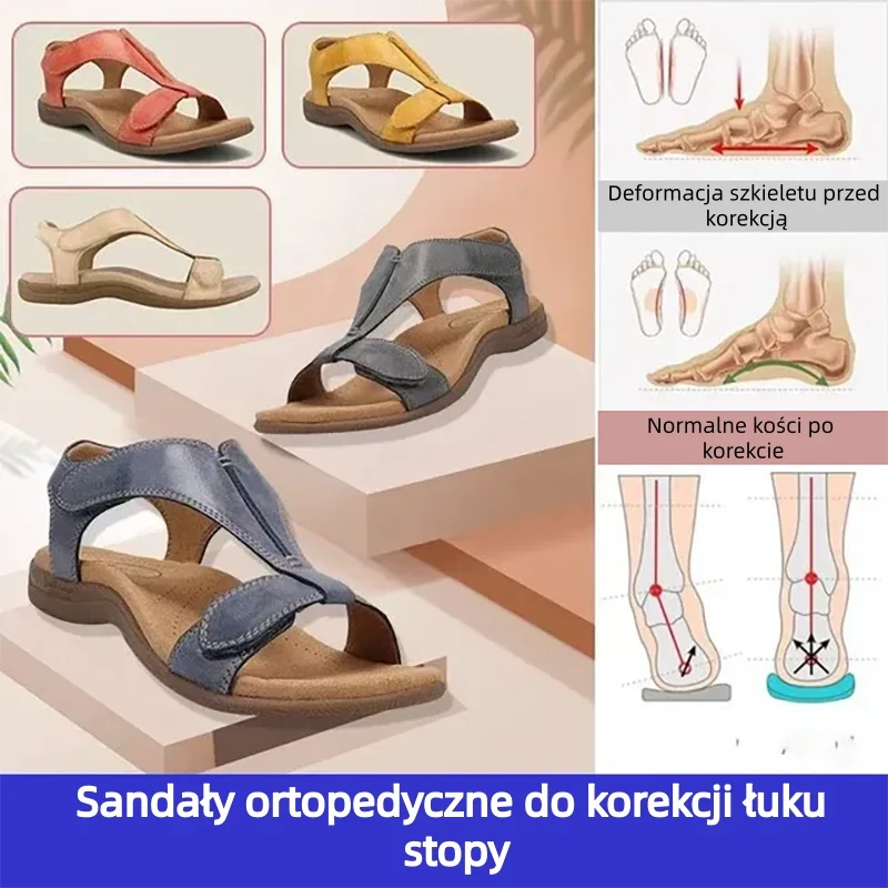 🔥 Letnie sandały ortopedyczne dla kobiet — z podparciem łuku stopy, płaską podeszwą i szerokim fasonem — idealny wybór dla ulgi przy zapaleniu powięzi podeszwowej — chodź z lekkością przy każdym kroku i pożegnaj ból ✅