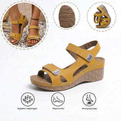 Wygodne sandały ortopedyczne — ergonomiczne podparcie łuku stopy, regulowana szerokość, podkreślające sylwetkę nóg.